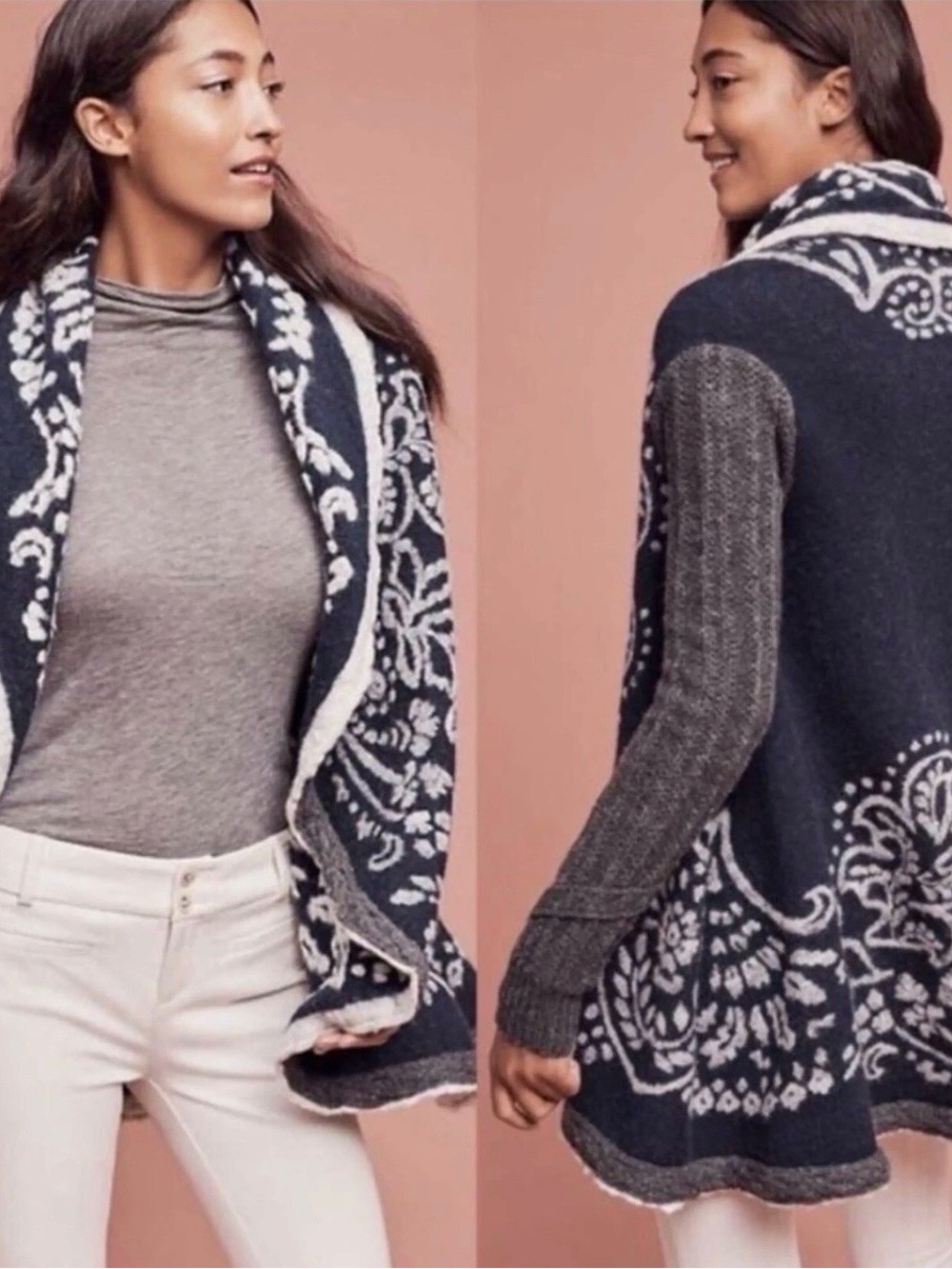 Sleeping On Snow Anthropologie First Snow Blue White Wool Sweater Coat Small S